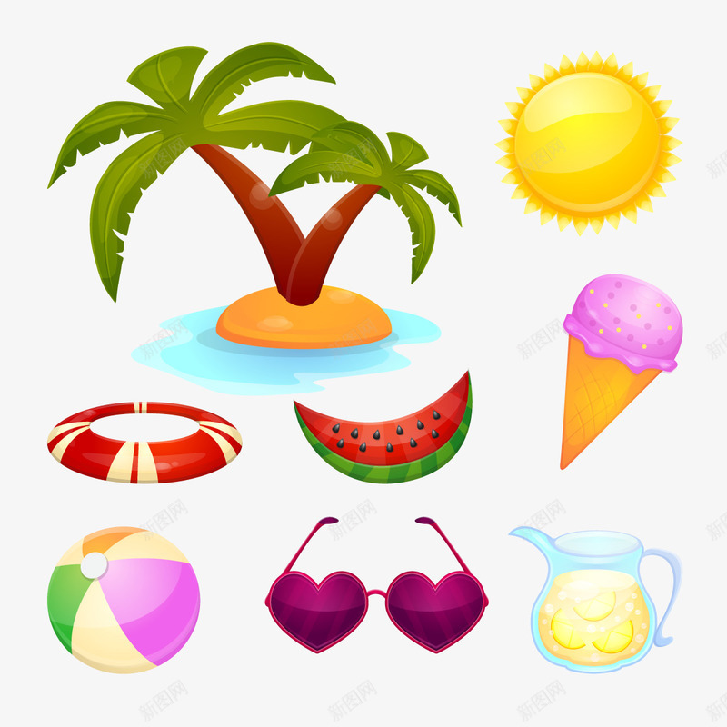 海岛风情png免抠素材_88icon https://88icon.com 墨镜 太阳 果汁 游泳圈