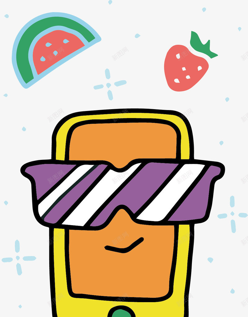 戴眼镜的手机png免抠素材_88icon https://88icon.com 夏日派对 眼镜手机 矢量素材 草莓 黄色手机