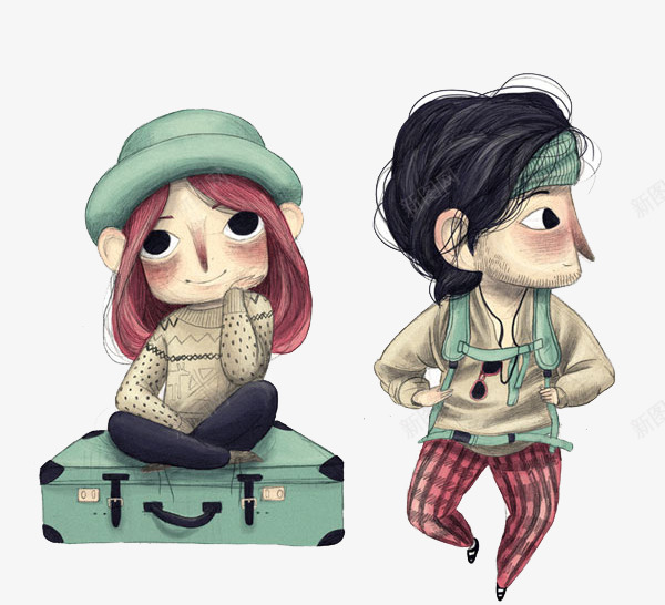手绘旅游女孩男孩psd免抠素材_88icon https://88icon.com 创意设计 可爱卡片 手绘插画