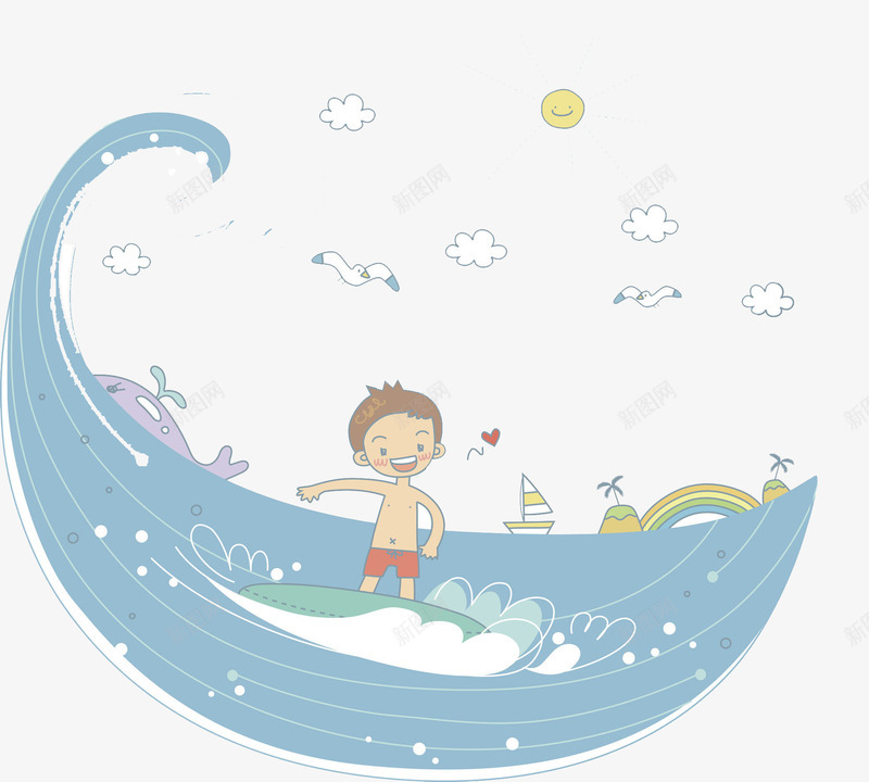 海滩冲浪png免抠素材_88icon https://88icon.com 卡通人物 卡通手绘 水彩画 海滩冲浪 肖像画 装饰图案
