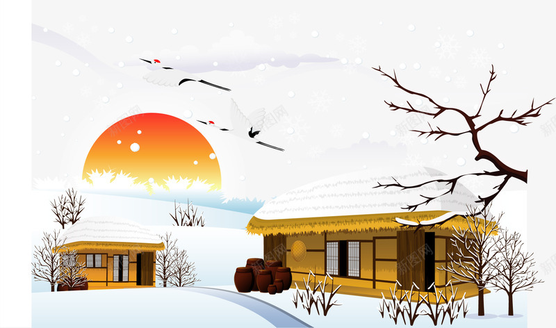 冬天矢量图ai免抠素材_88icon https://88icon.com AI矢量素材 免费PNG 冬日 建筑物 雪景 飞舞的仙鹤 矢量图