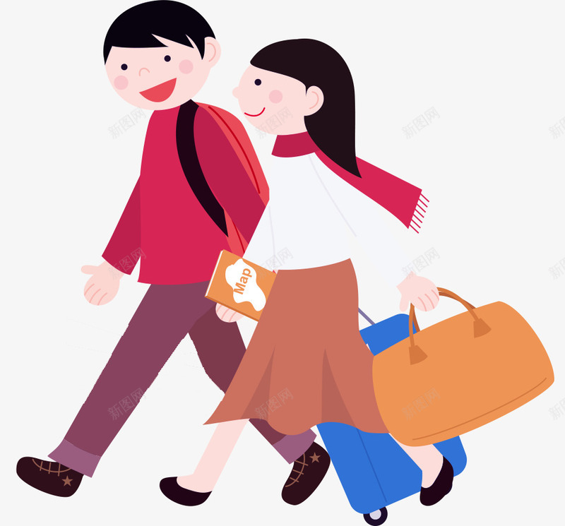 卡通出行的人图png免抠素材_88icon https://88icon.com 卡通 女人 情侣 插图 旅行 男人 行李 高兴地