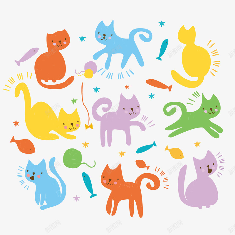 小猫咪png免抠素材_88icon https://88icon.com 卡通小猫 毛线 玩耍 鱼