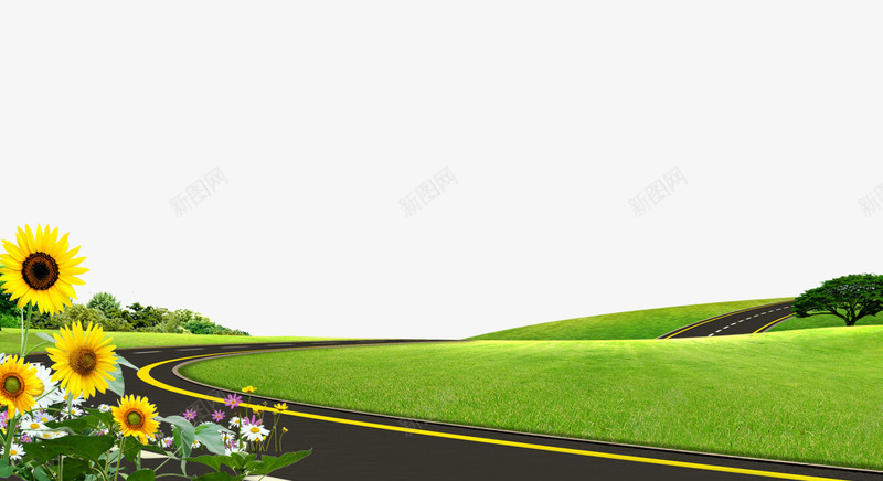 公路草原psd免抠素材_88icon https://88icon.com 公路 向日葵 大树 自然背景免抠png 草原