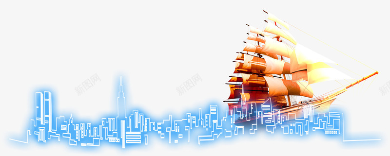 立体大帆船线条蓝色城市背景png免抠素材_88icon https://88icon.com 大帆船 立体大帆船 线条城市背景 线条蓝色城市