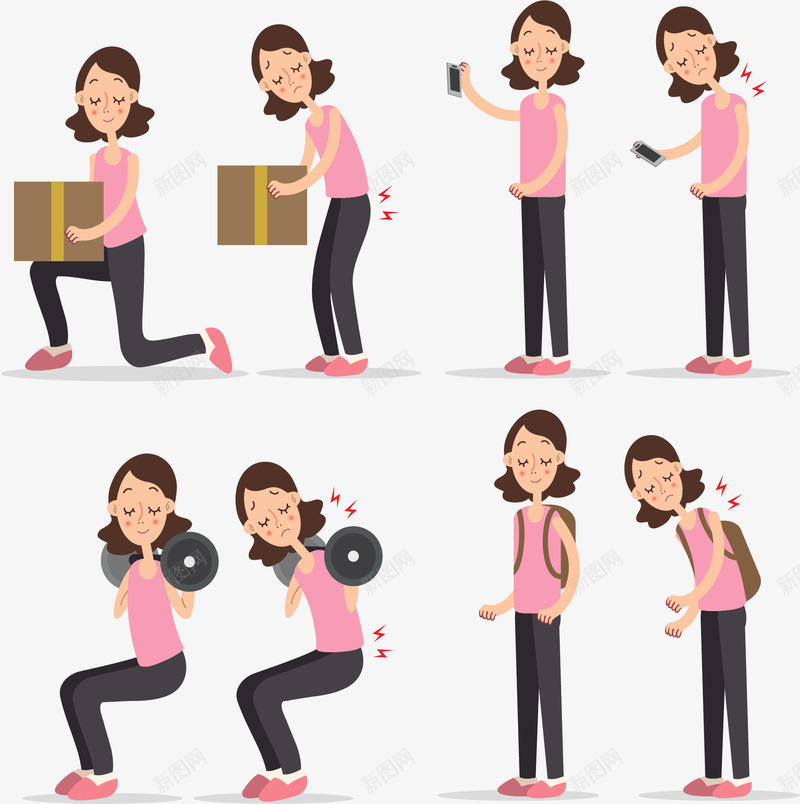 肩颈部腰部锻炼png免抠素材_88icon https://88icon.com 举杠铃 搬东西 正确姿势示意图 玩手机 矢量素材 背书包