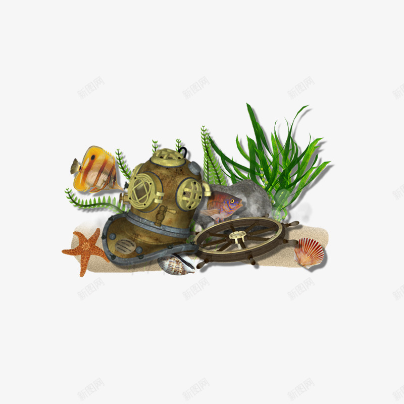 海滩元素沙滩png免抠素材_88icon https://88icon.com 沙滩素材 海星 海滩元素 罐子 鱼儿