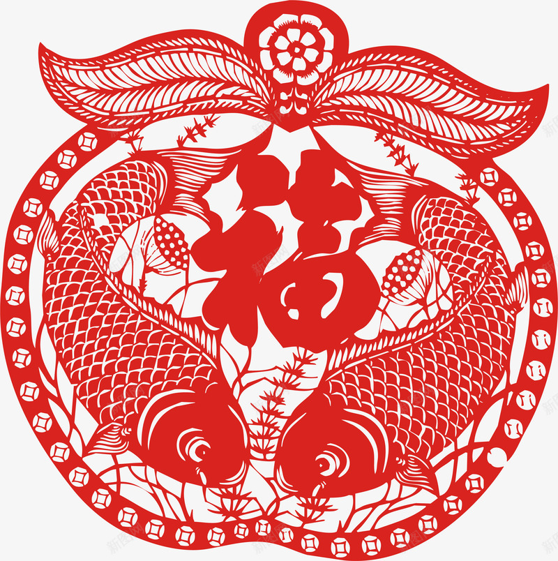 中国风两条鱼福字剪纸png免抠素材_88icon https://88icon.com 中国年 年有余鱼 恭贺新年 新年海报 狗年春节 过年啦 迎春贺岁 除夕