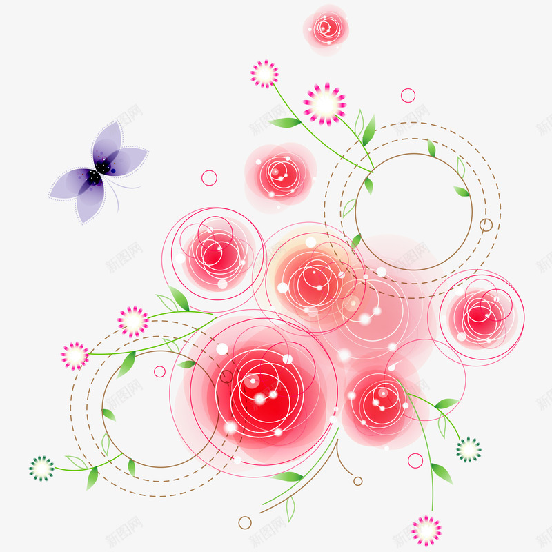 紫色蝴蝶和梦幻红色花朵png免抠素材_88icon https://88icon.com 手绘 紫色蝴蝶 美丽的 翅膀 装饰 触角 飞舞