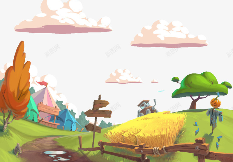 彩色绘图家园草坪png免抠素材_88icon https://88icon.com 红色的房子 绿色的草坪 金色的麦田