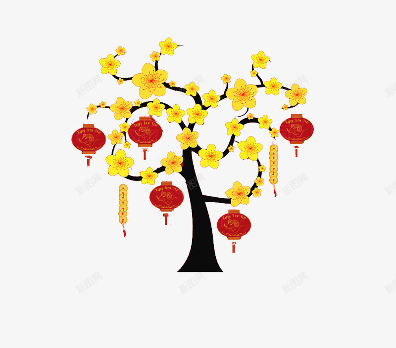 挂红灯笼的树png免抠素材_88icon https://88icon.com 大树 挂红灯笼 新春 春节 红灯笼 花