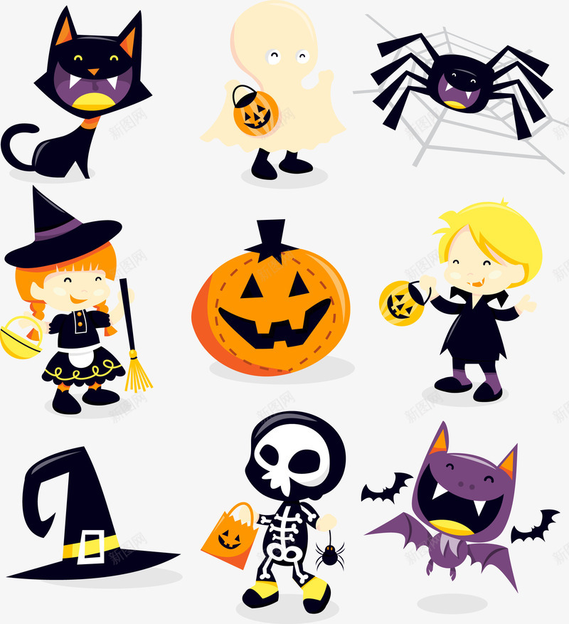 万圣节卡通png免抠素材_88icon https://88icon.com 南瓜 吸血鬼 小黑猫 蜘蛛 蝙蝠