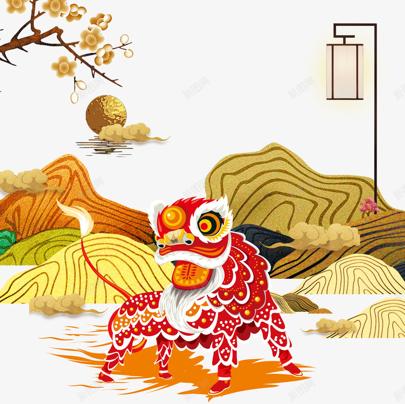 新年时尚手绘背景psd分层图png免抠素材_88icon https://88icon.com 卡通手绘山脉 喜迎新春 新年快乐 新年时尚背景 欢度春节 舞狮 辞旧迎新 金梅