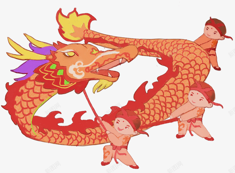 新春舞龙插画png免抠素材_88icon https://88icon.com 插画 新年 新春佳节 春节 舞龙 装饰图案 过年