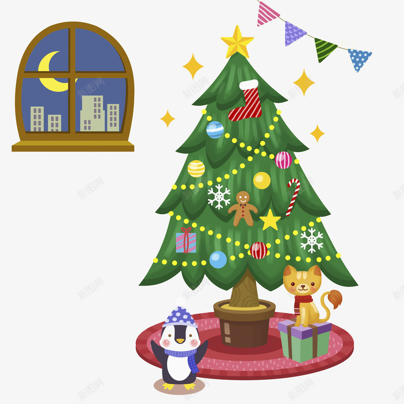 卡通圣诞树图png免抠素材_88icon https://88icon.com 企鹅 可爱的 圣诞树 圣诞节 小猫 插图 礼物 窗户