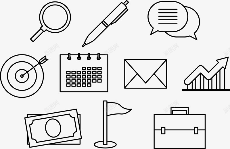 白色杂物图矢量图eps免抠素材_88icon https://88icon.com 信封 手提包 放大镜 铅笔 矢量图