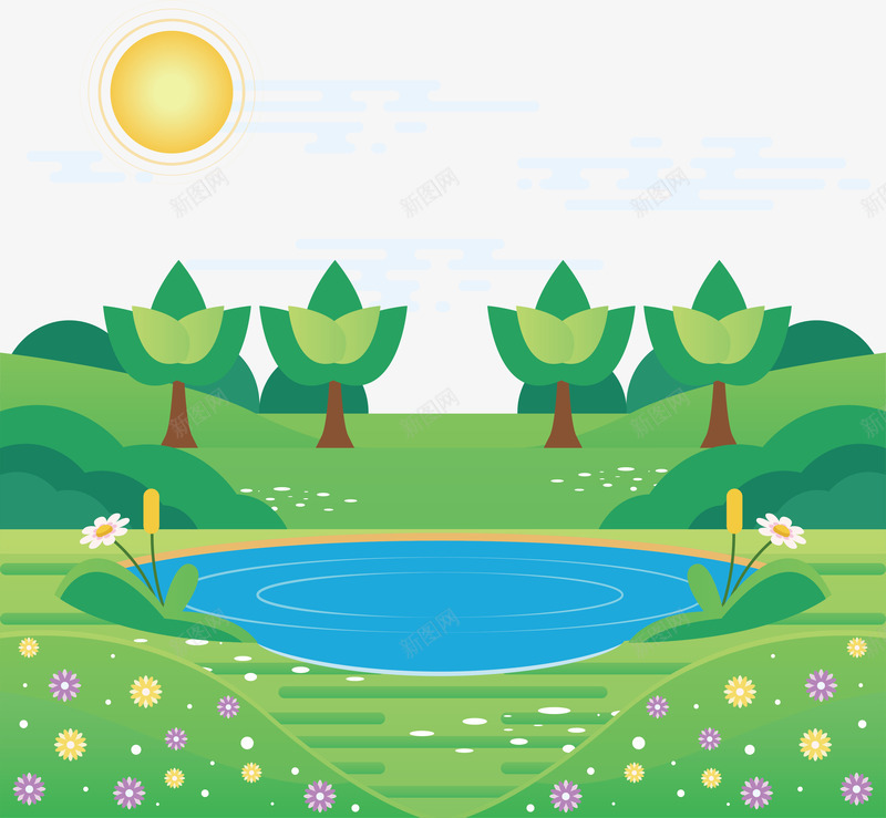 绿色植物草地元素矢量图ai免抠素材_88icon https://88icon.com 创意 大树 植物 水池 环境 纹理 绿色 自然 草地 矢量图