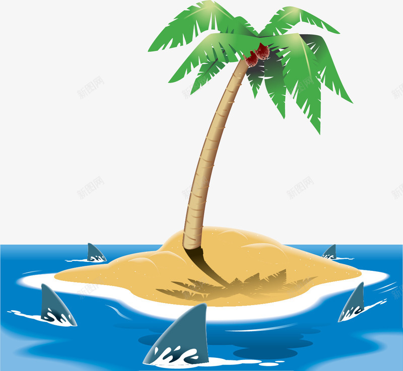 手绘海岛矢量图ai免抠素材_88icon https://88icon.com 手绘 椰树 海岛 鲨鱼 矢量图
