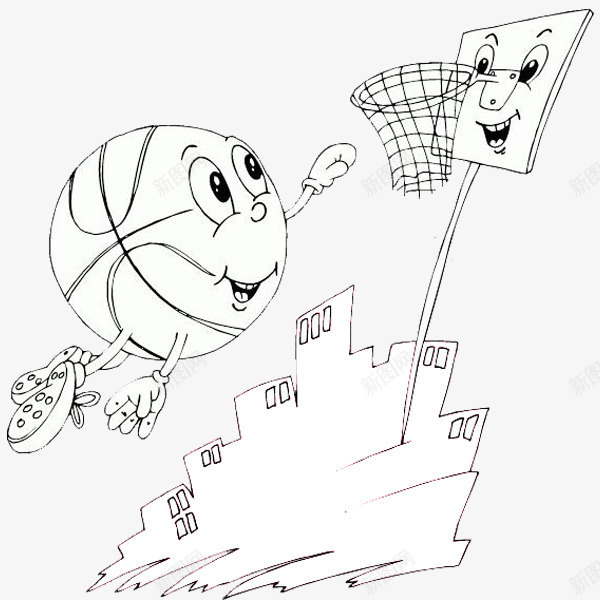 会飞的篮球png免抠素材_88icon https://88icon.com 卡通 房子 手绘 白色 笑脸 简笔 篮球 篮球队 篮筐