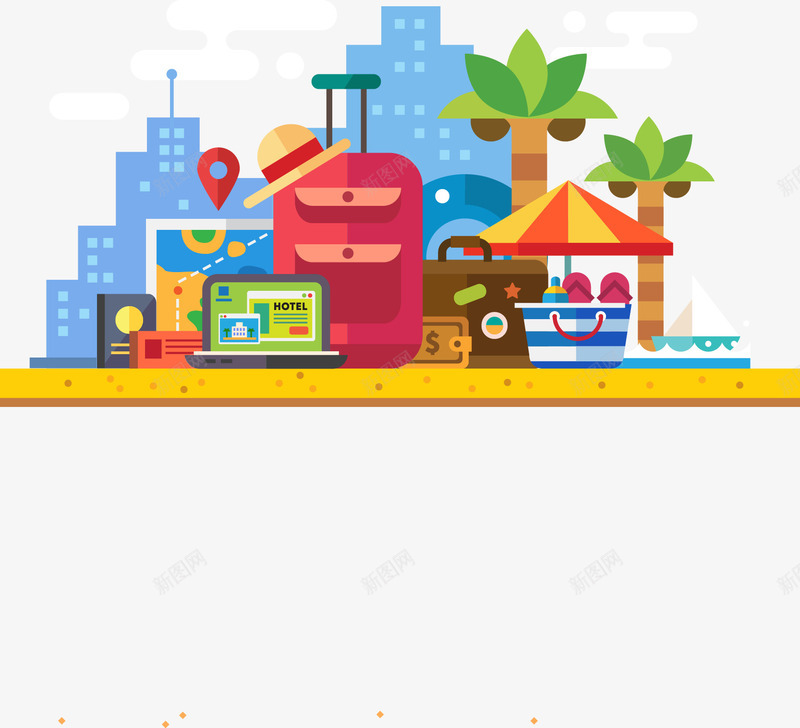 扁平化城市景色png免抠素材_88icon https://88icon.com 时尚扁平化城市景色设计城市行李箱树木电脑地图