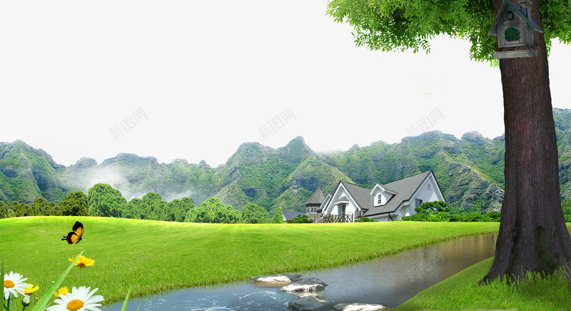 小镇风景背景psd免抠素材_88icon https://88icon.com 别墅 小溪 山脉 树木 自然风光png 草地 连排别墅