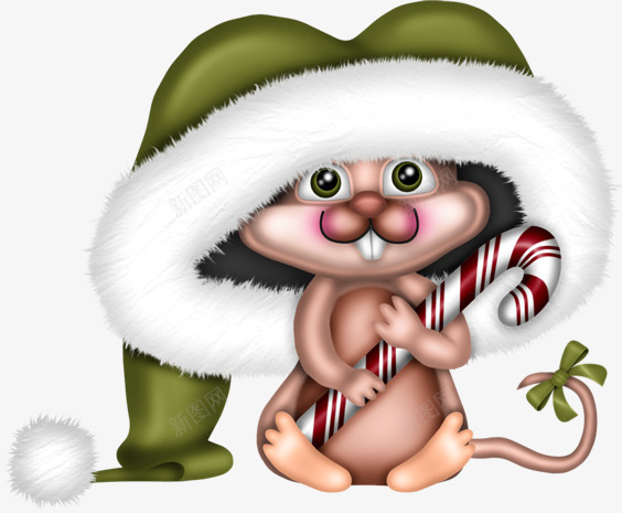 卡通戴绿色圣诞帽的老鼠png免抠素材_88icon https://88icon.com 卡通老鼠 戴圣诞帽的老鼠 手绘老鼠 拿拐杖的老鼠