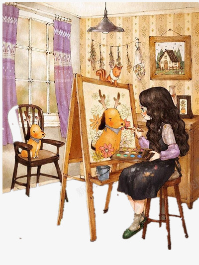 家中画画的女孩png免抠素材_88icon https://88icon.com 人物 动物 椅子 画板