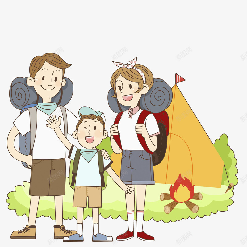宿营的一家人png免抠素材_88icon https://88icon.com 卡通 女人 宿营 小孩 火苗 男人 草地 行李包
