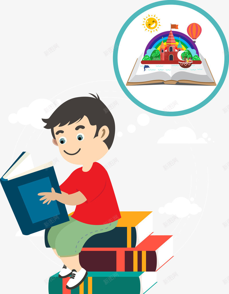男孩看书里的世界矢量图ai免抠素材_88icon https://88icon.com 城堡 大树 太阳 彩虹 植物 男孩 看书 红旗 矢量图