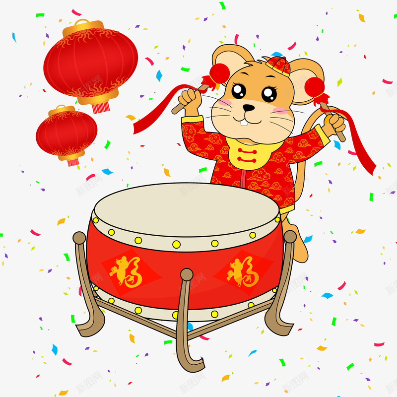 2020年春节喜庆鼠年打鼓卡通psd免抠素材_88icon https://88icon.com 2020年 卡通 新年 新年快乐打鼓 春节 鼠年