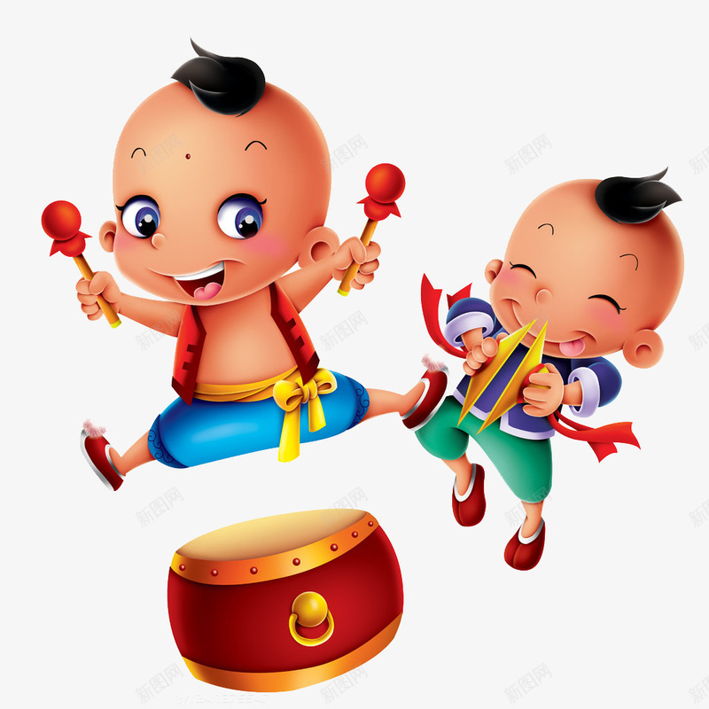 卡通喜庆儿童敲锣打鼓png免抠素材_88icon https://88icon.com 可爱 春节 欢迎 过节
