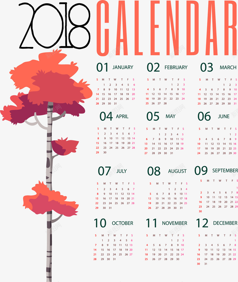 红色大树日历模板png免抠素材_88icon https://88icon.com 2018日历 2018日历模板 商务日历 商务日历模板 小清新挂历 红色大树