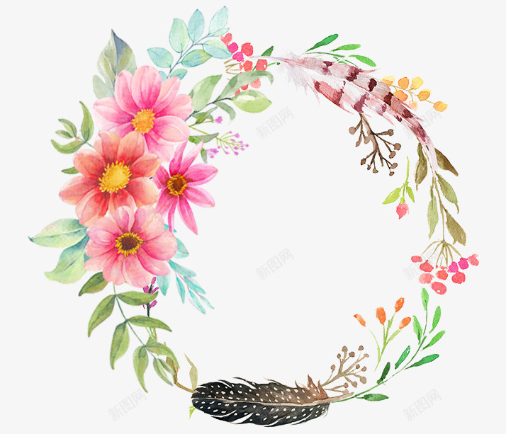 花卉圆环png免抠素材_88icon https://88icon.com PNG 手绘 清新 粉色花朵 绿叶 边框