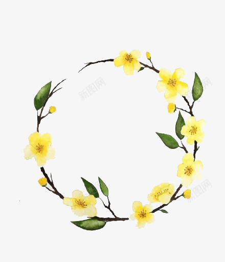 黄色花朵花环png免抠素材_88icon https://88icon.com 卡通 叶子 圆环 手绘 枝干 绿色 花朵 黄色 黑色
