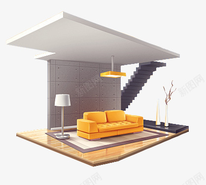 室内效果展示png免抠素材_88icon https://88icon.com 客厅 室内设计 简约 装修模板 黄色