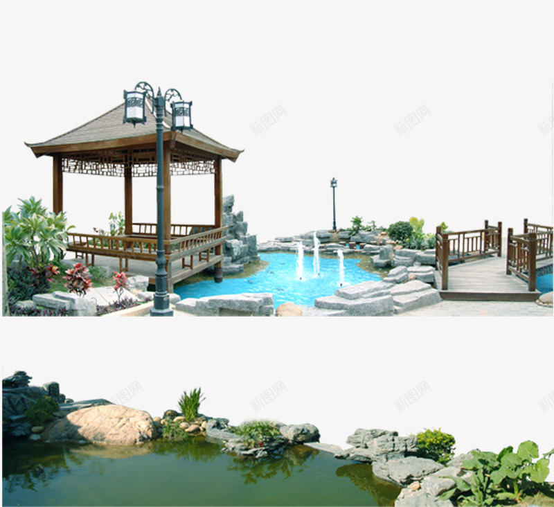 公园一角景色png免抠素材_88icon https://88icon.com 凉亭 山石 流水 湖水 绿植