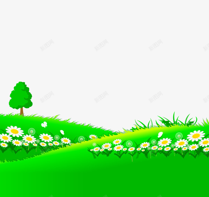 卡通春天景色png免抠素材_88icon https://88icon.com 小草 白色花朵 绿树 草地