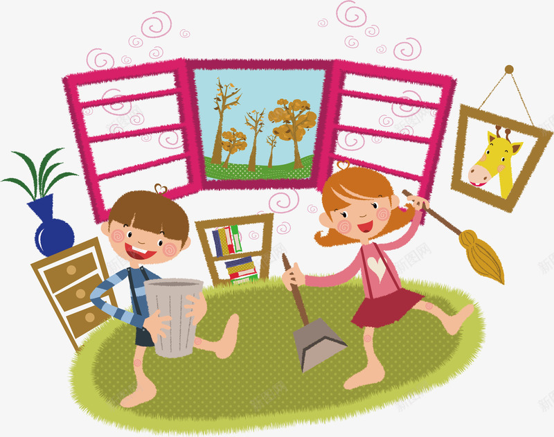 男生女生清洁房间插画png免抠素材_88icon https://88icon.com 书架 书籍 垃圾桶 墙壁 女孩 打扫房间 扫把 柜子 男生 畚箕 窗户 花瓶