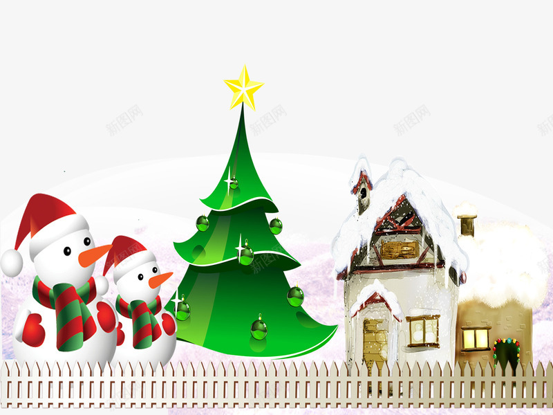 冬日的圣诞节psd免抠素材_88icon https://88icon.com 围着围巾的雪人 圣诞树 房顶是雪的小房子 栅栏