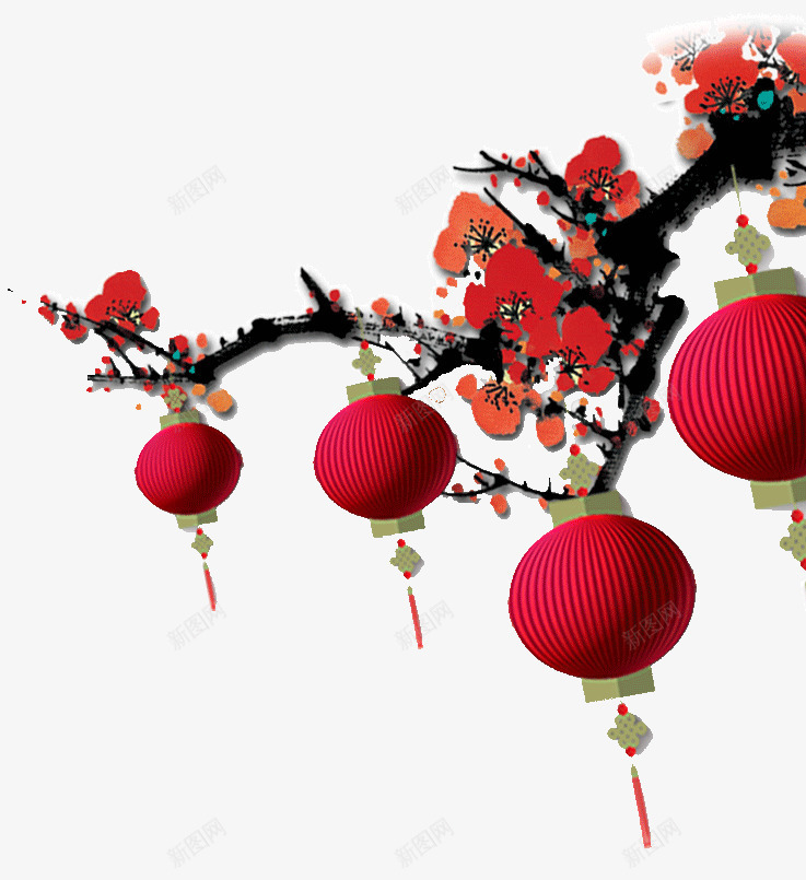 过年喜庆的红色灯笼png免抠素材_88icon https://88icon.com 中国风 喜庆 寒冬 新年 梅花 水墨画 灯笼 腊梅 过年