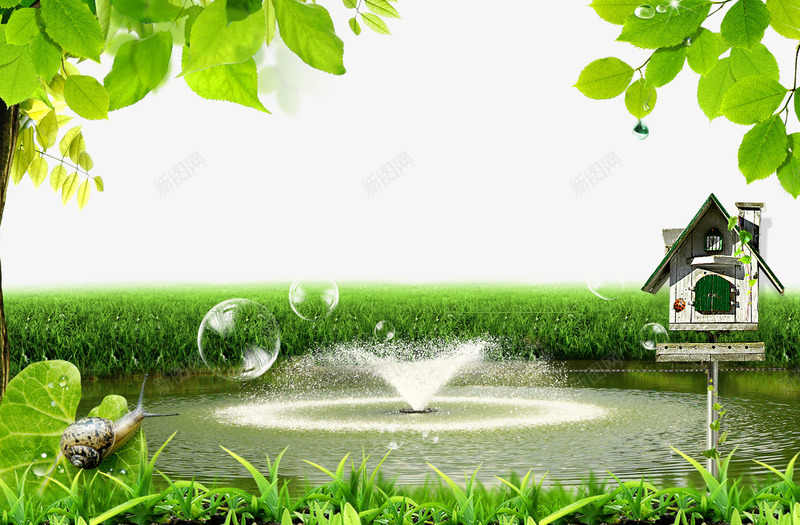 草皮上的喷泉psd免抠素材_88icon https://88icon.com 喷泉 气泡 绿叶 草坪 蜗牛 鸟窝