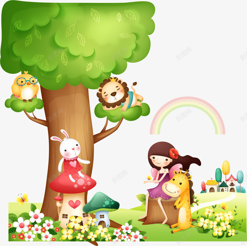 大树上的动物插画矢量图eps免抠素材_88icon https://88icon.com 动物 大树 女孩 彩虹 长颈鹿 风景插画 矢量图