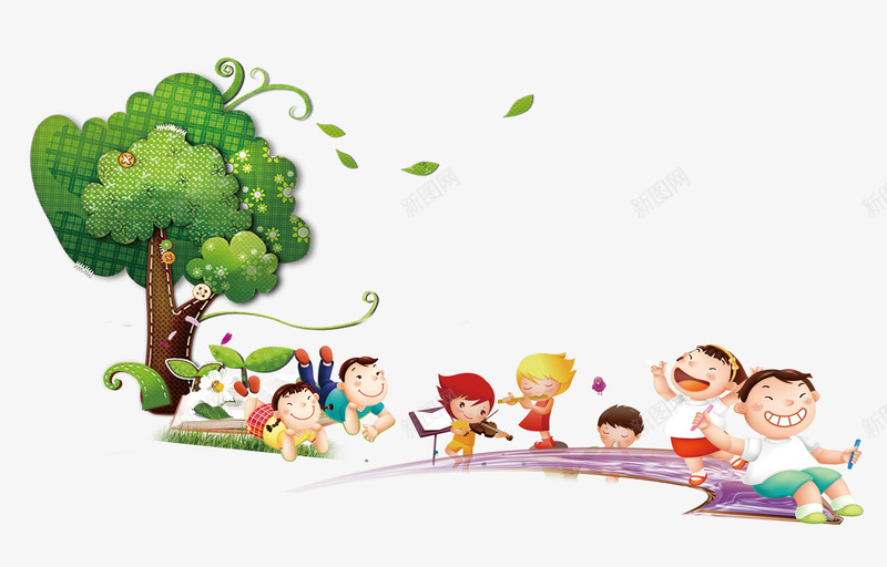卡通上学人物png免抠素材_88icon https://88icon.com 上学人物 卡通人物 叶子 大树 女孩 植物 男孩 绿色