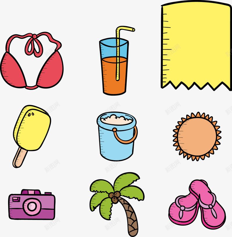 海边度假行头矢量图ai免抠素材_88icon https://88icon.com 度假 海滩 衣服 装备 矢量图