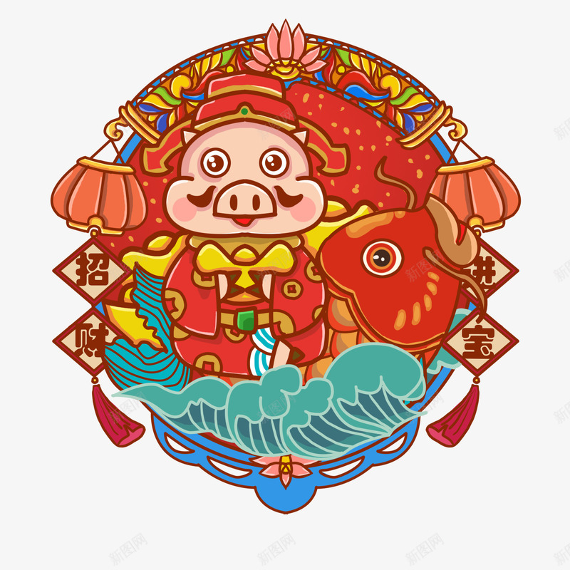 2019春节喜庆卡通手绘小猪png免抠素材_88icon https://88icon.com 中国年 中国风 卡通 卡通猪 可爱 喜庆 手绘 春节 莲花 鱼