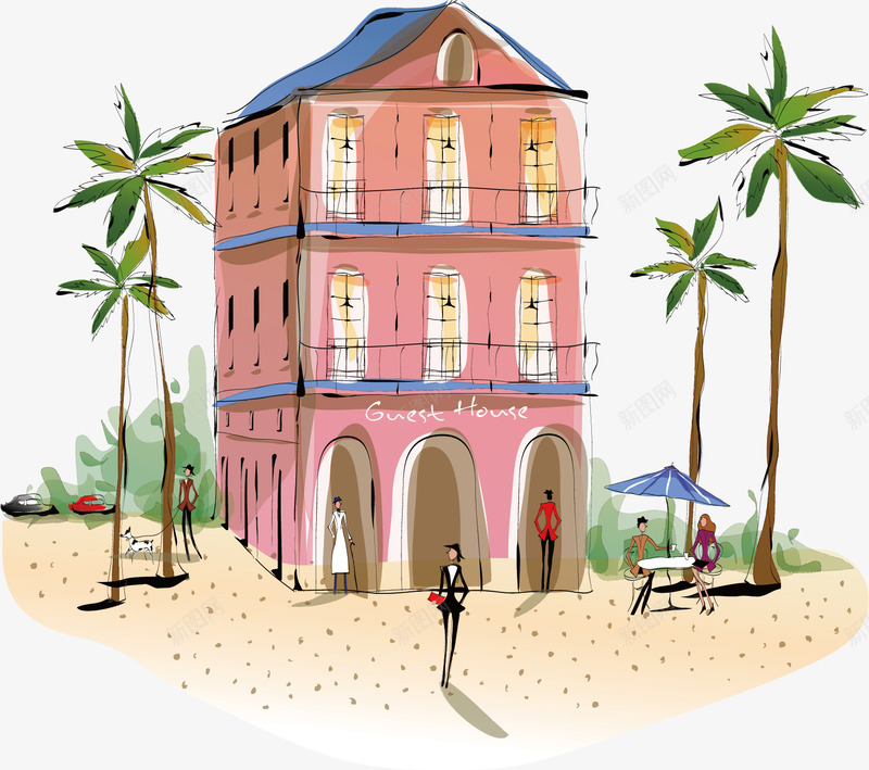 手绘城市建筑插画手绘海滩png免抠素材_88icon https://88icon.com 手绘 手绘城市建筑 插画 椰树 海滩