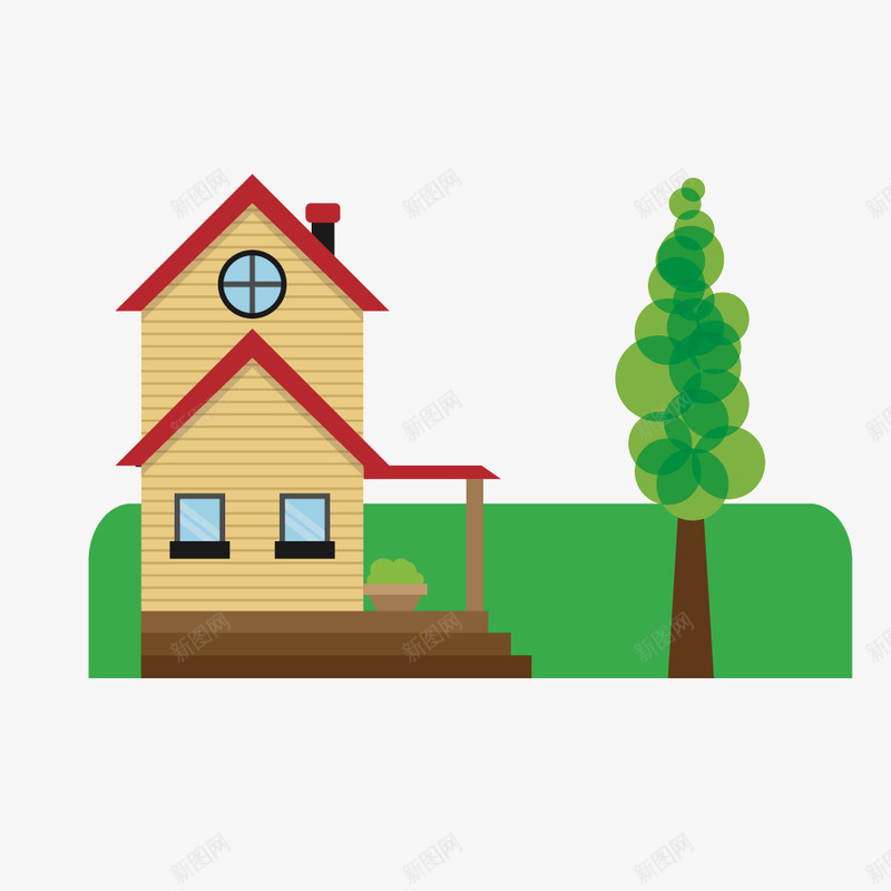 侧面二层楼矢量图ai免抠素材_88icon https://88icon.com 二层楼 别墅 大树 独楼 矢量图