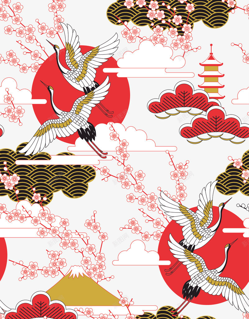 日本风插画png免抠素材_88icon https://88icon.com 和服花纹 底纹 手绘插画 插画 日本 日本插画 日本景点 日本风图案 日本风插画 桃花 红日 背景 花边底纹 鹤