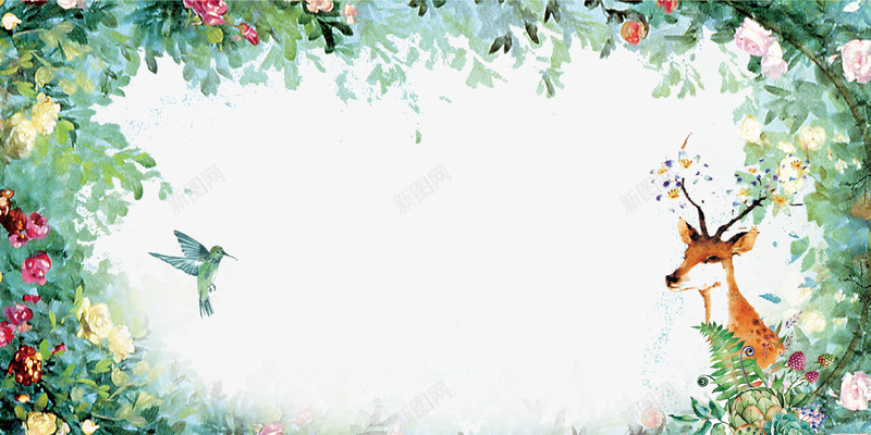 绿色清新水彩花草动物边框png免抠素材_88icon https://88icon.com 动物 大自然 小鸟 树叶 水彩 清新 绿色 花朵 花草 边框