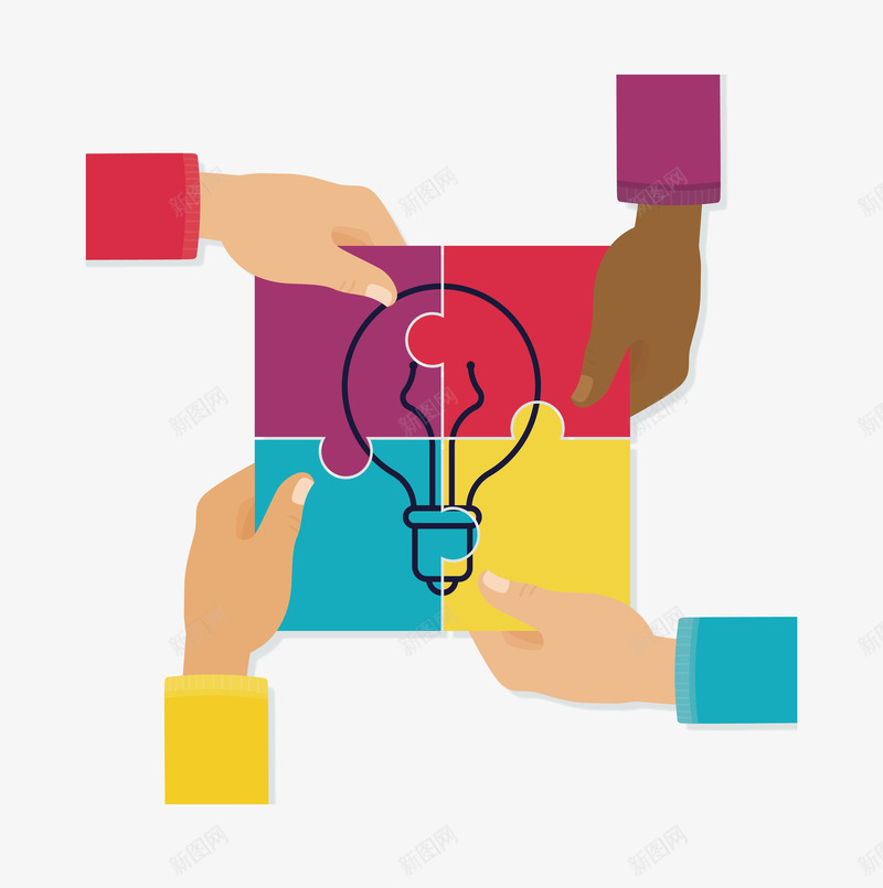 四块彩色拼图矢量图ai免抠素材_88icon https://88icon.com 四块拼图 团队合作 彩色拼图 拼图 灯泡 矢量png 矢量图